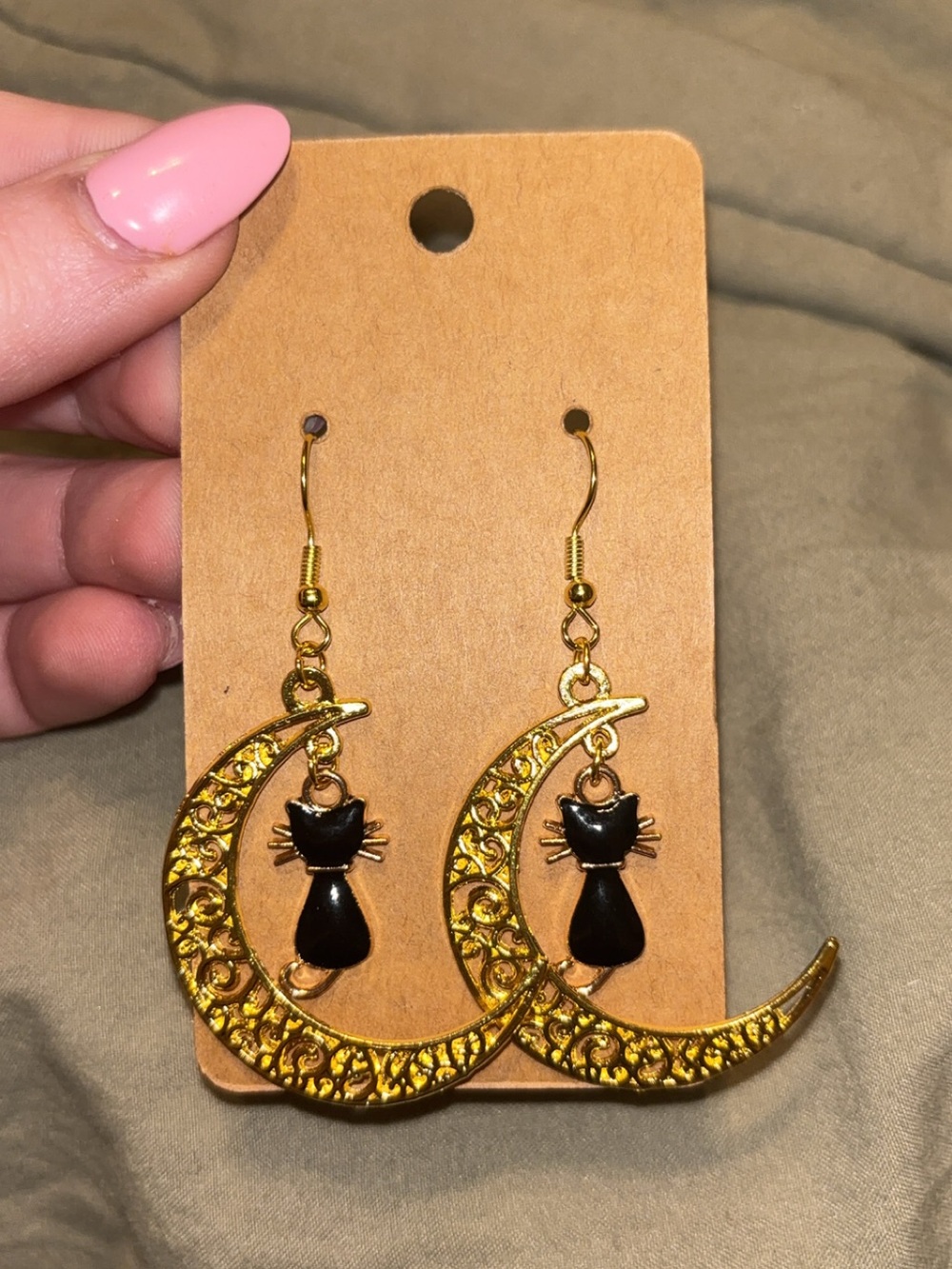 Gold Crescent Moon Earrings with Black Cat Charm